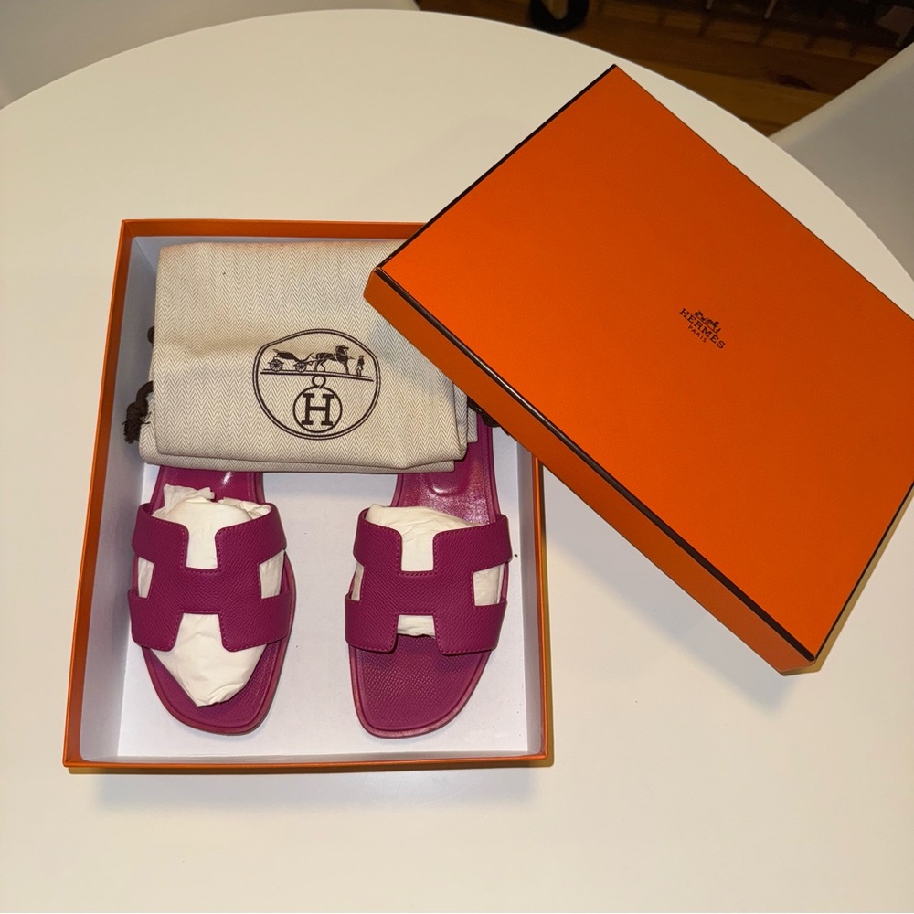 HERMES ORAN SANDALS, PINK POURPRE COLOR, SIZE 37.5 with BOX and DUSTBAGS